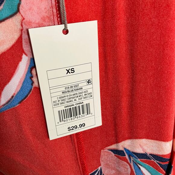 A New Day Red Floral Wrap Midi Dress XS Blue Pink Tie Waist Short Sleeve New - Picture 14 of 16